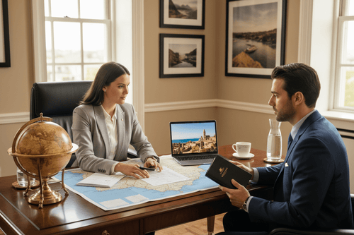 Client meeting with advisor during 60-minute luxury wellness travel consultation planning a bespoke retreat itinerary