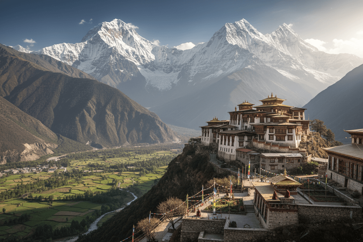 Himalayan spiritual wellness retreat monastery overlooking green valley and snowcapped mountains in Nepal or Bhutan at sunrise