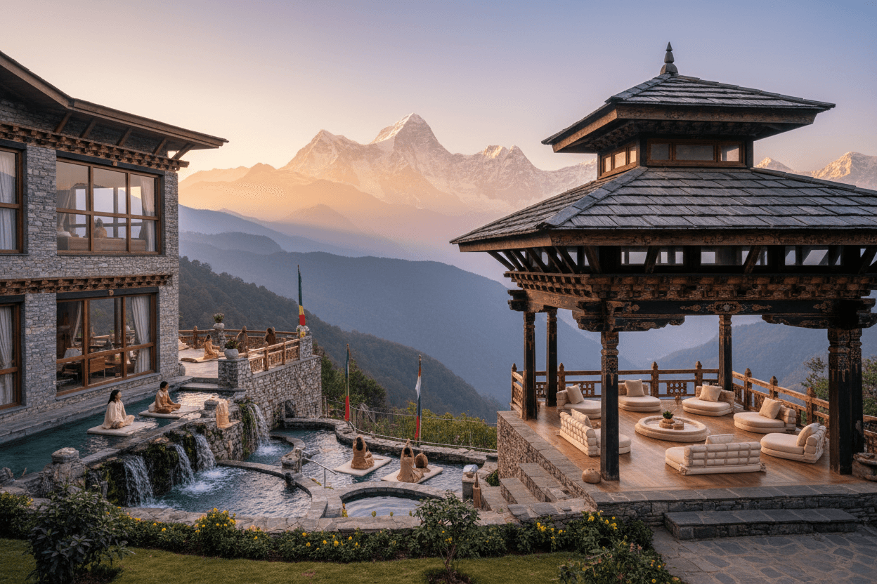 Luxury Himalayan spiritual wellness retreat spa with yoga, meditation pools and mountain monastery-style pavilion at sunrise
