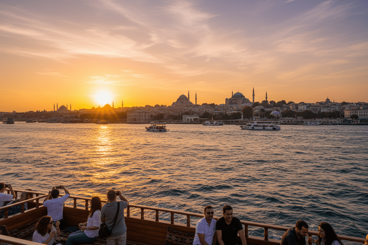 Istanbul cultural wellness retreat sunset Bosphorus cruise with city skyline, mosques and relaxing guests on deck