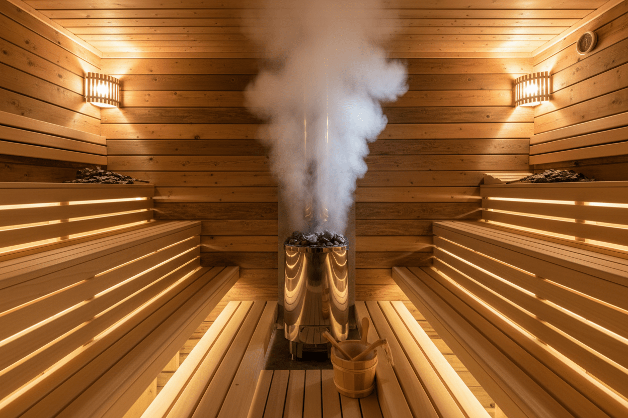Alt Tag: Nordic sauna and contrast therapy retreat with steam rising from wooden benches on a 9-day Scandinavia wellness journey