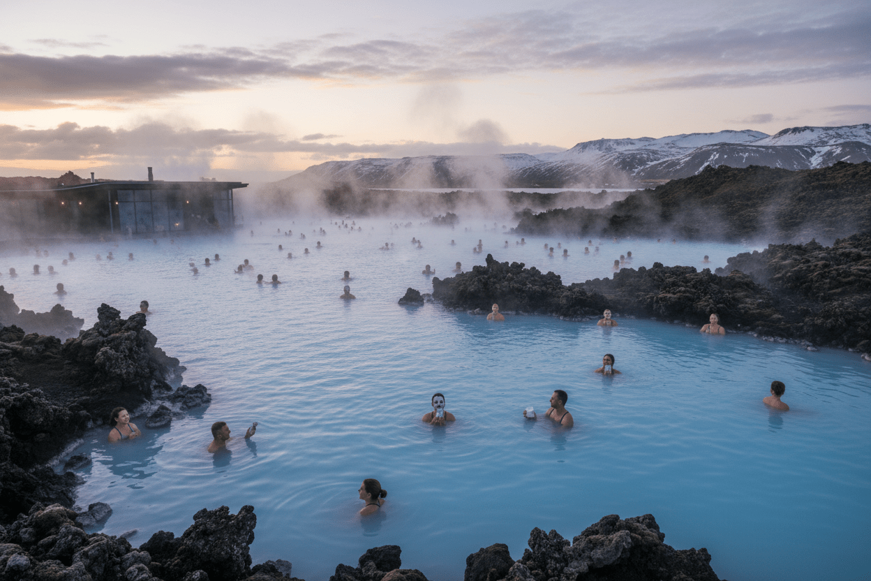 Travelers relaxing in steaming turquoise waters at the Iceland Blue Lagoon wellness retreat at sunset surrounded by volcanic lava rocks