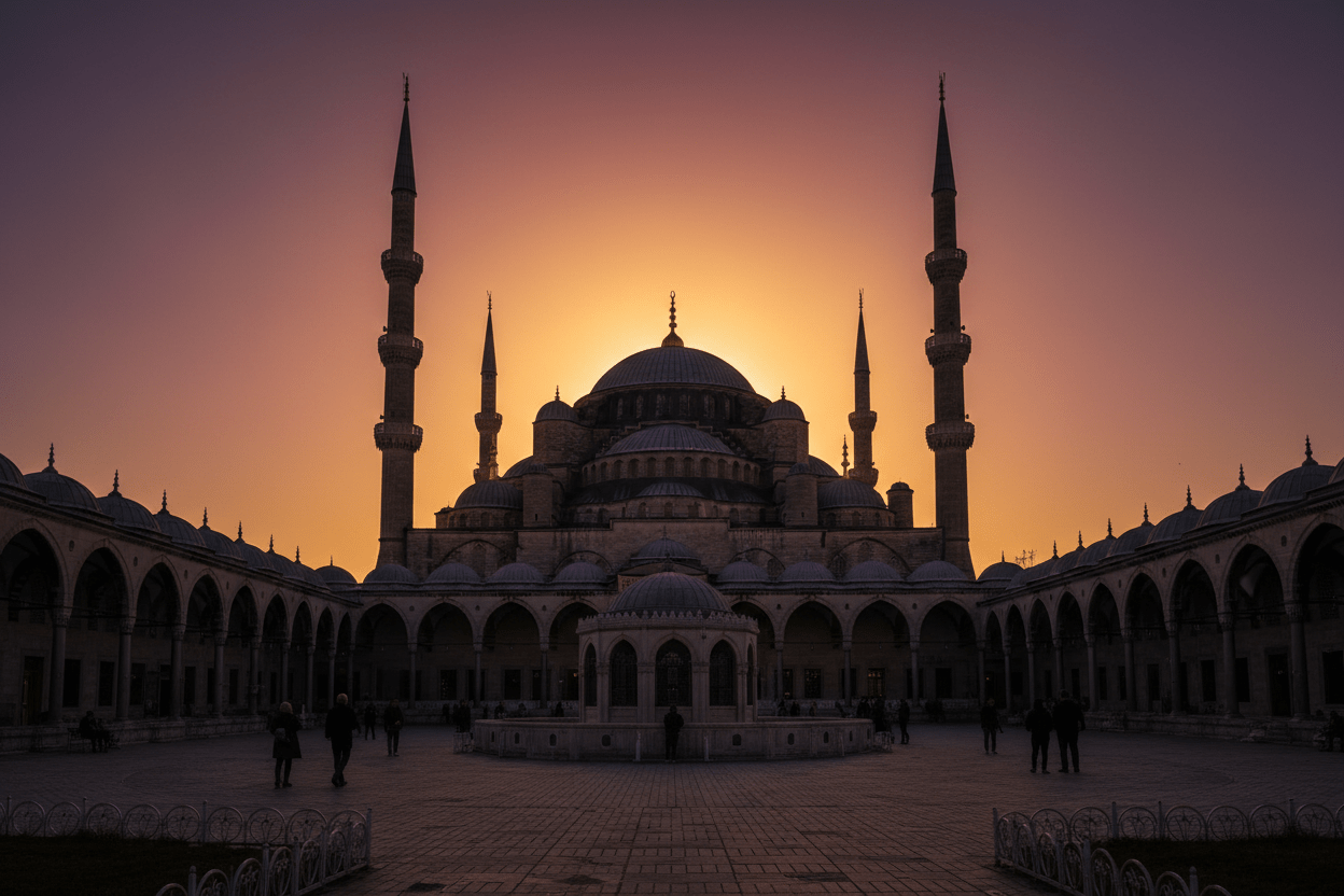 Istanbul cultural wellness retreat at a historic mosque courtyard at sunset, tranquil spiritual atmosphere for a 7-day restorative journey