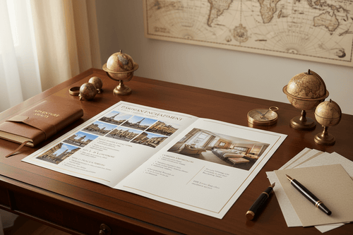 weekend wellness itinerary brochure open on elegant wooden desk with travel planner, globes and pen for custom 1-5 day escape