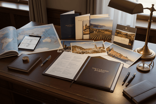 Elegant desk with maps, travel brochures and notebook used to design a personalized 6 day wellness itinerary advisory