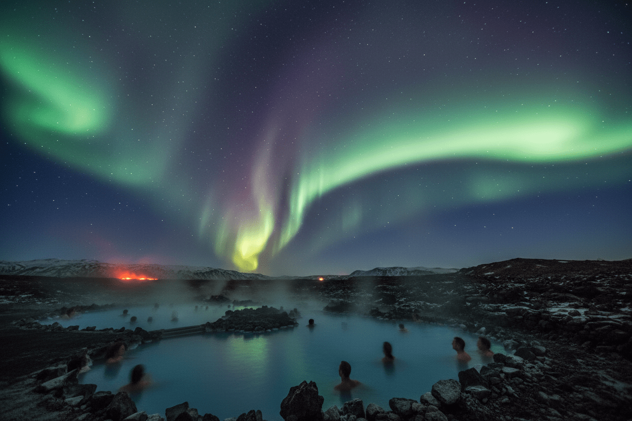 Northern lights over geothermal lagoon at night on Iceland Blue Lagoon wellness retreat