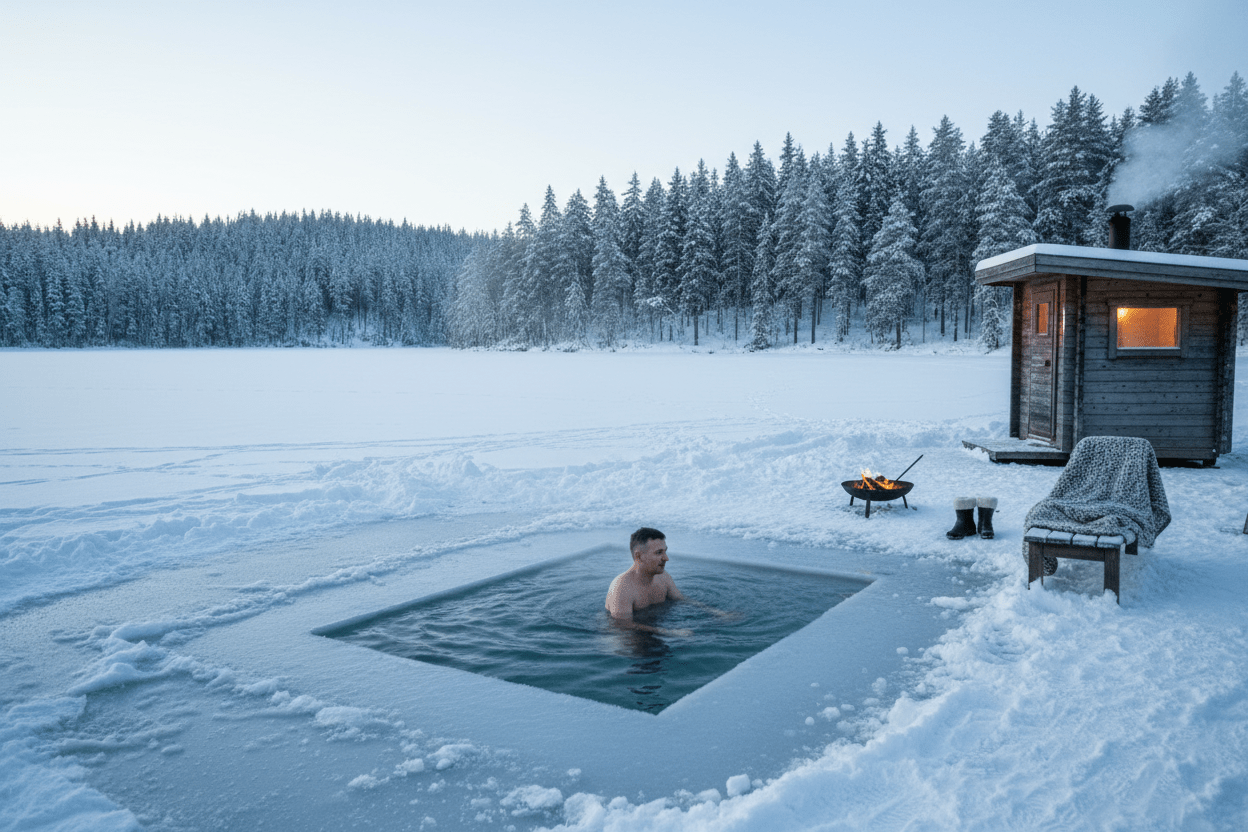 Man ice bathing beside a wooden lakeside sauna in winter forest for Nordic sauna and contrast therapy retreat