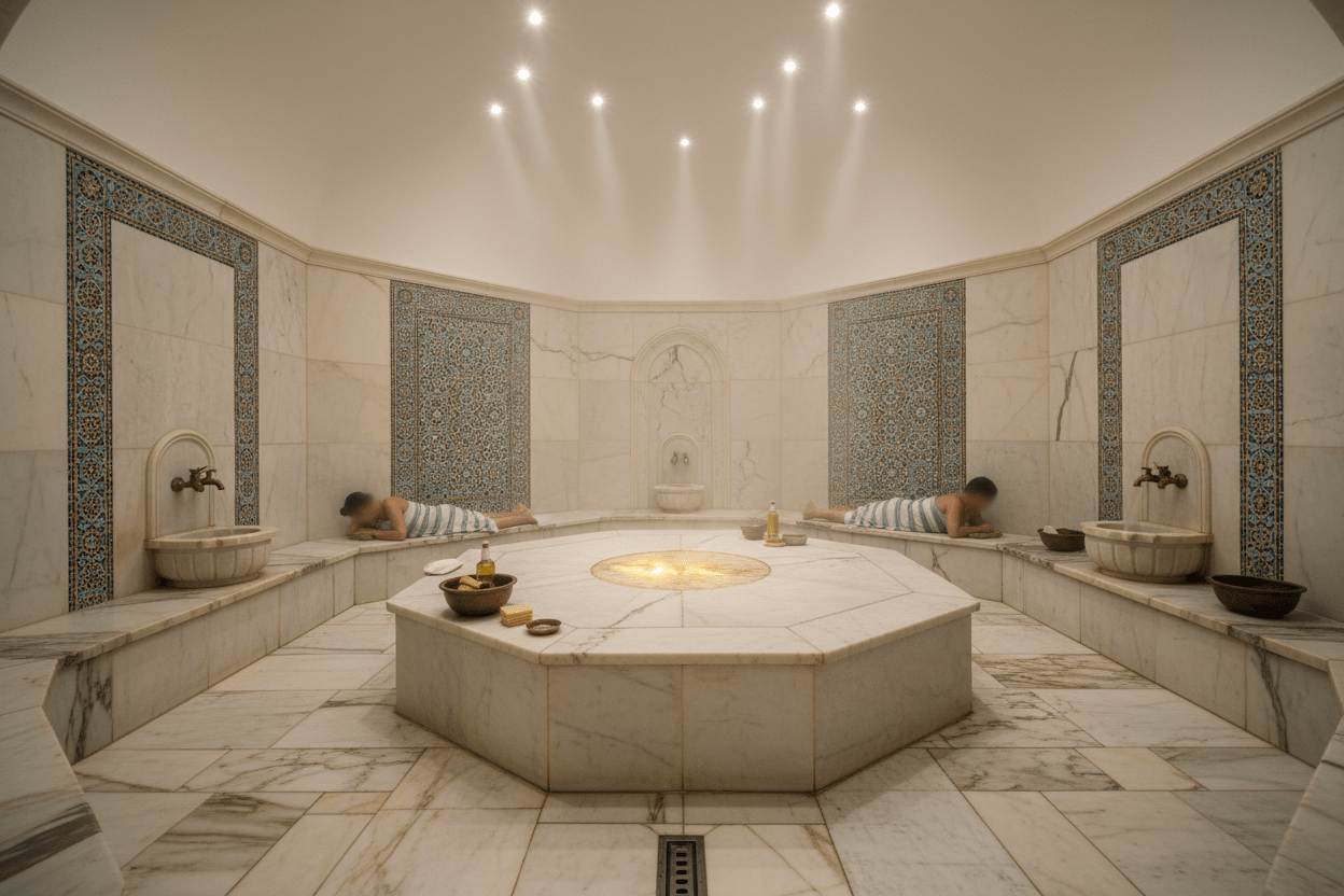 Traditional Turkish hammam experience during Istanbul cultural wellness retreat with marble steam room and relaxing rituals