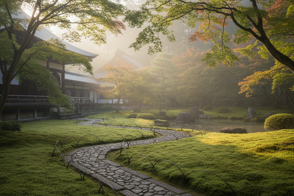 Kyoto temple garden at morning
