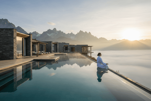 Luxury mountain spa retreat at sunrise, woman meditating by infinity pool for 10 day wellness journey planning