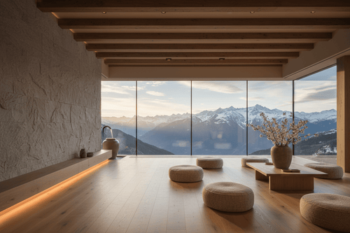 Luxury mountain retreat yoga studio for 10 day wellness journey planning with panoramic snowy peak views at sunset